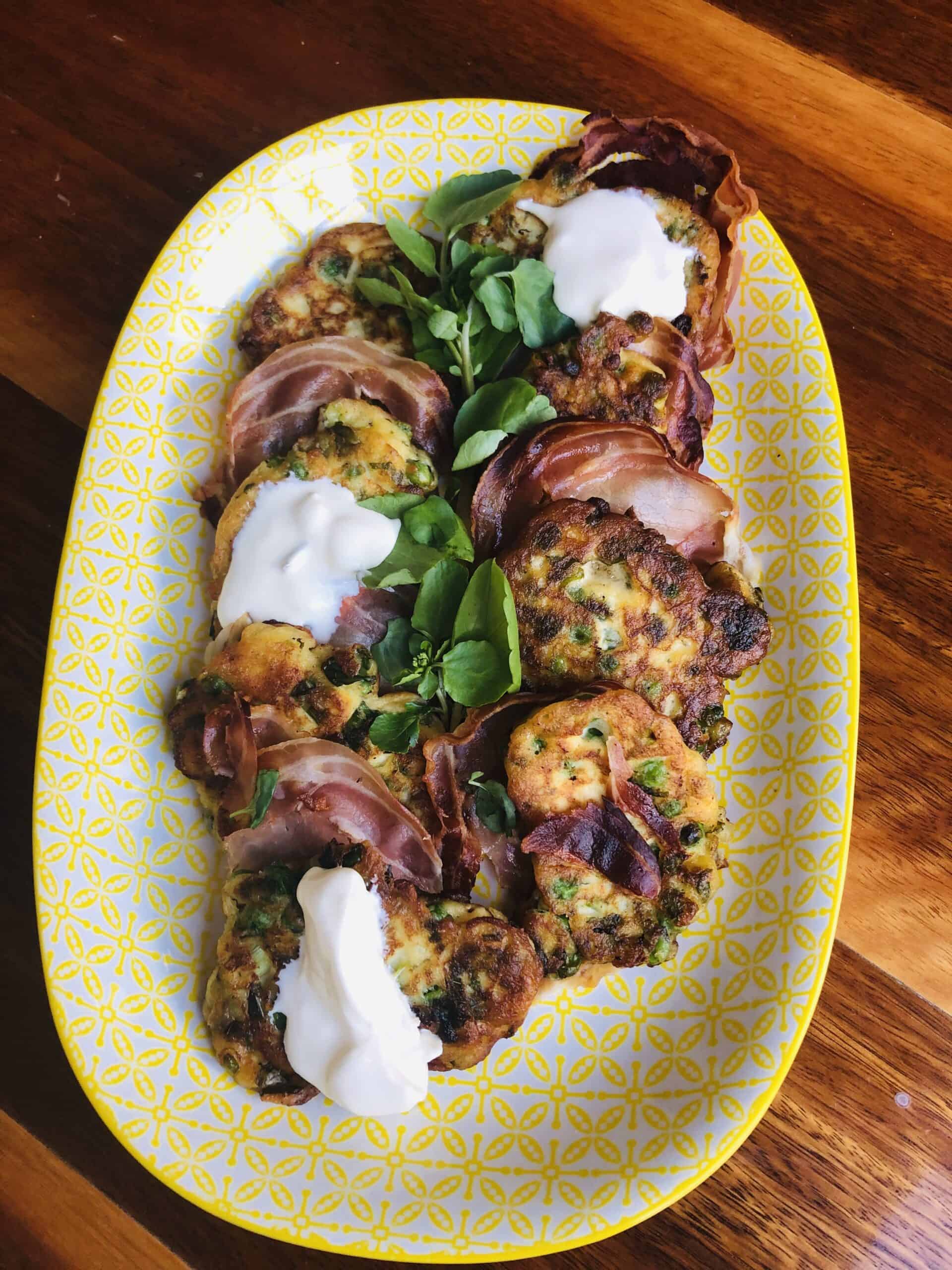 Pea Fritters With Crispy Pancetta - Mrsfoodiemumma